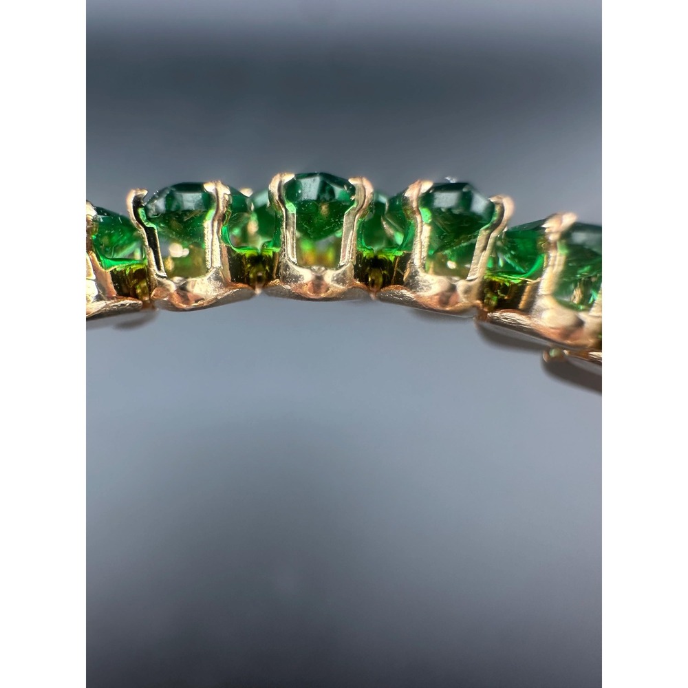 Vintage Emerald Green Glass Navette Rhinestone Flexible Bracelet Mid Century - Picture 4 of 11